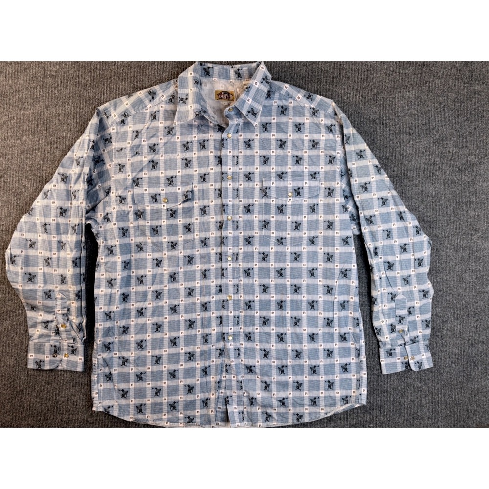 Barn Fly Mens Large Blue White Cowboy Print Western Pearl Snap Cotton Shirt L